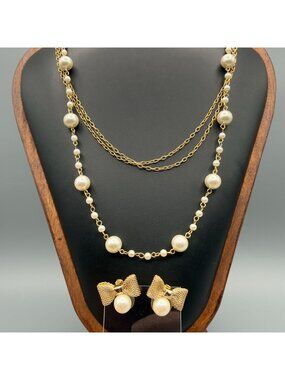 Vintage Faux Pearl Gold Tone Multi Strand Necklace Earrings Lot Set of 4